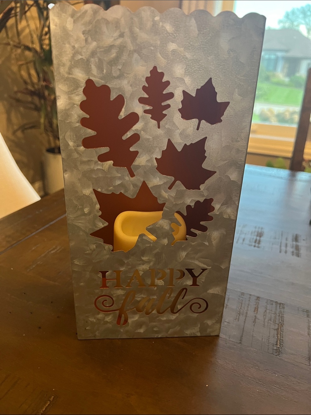 Happy Fall Metal Lantern - Silver with Copper Leaf Accents